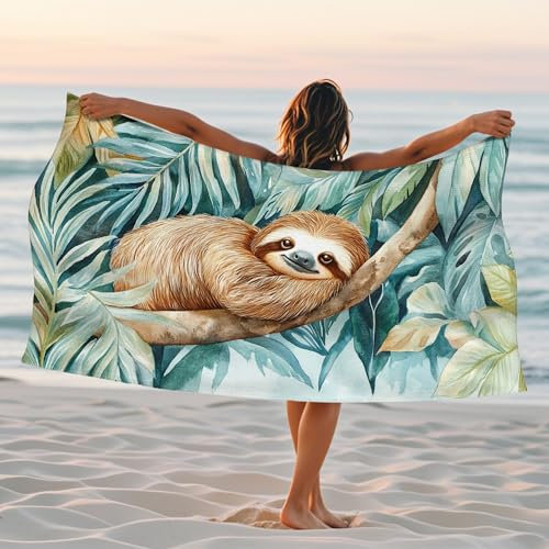 Strandtuch mit süßem Faultier, extra groß, grüne Blätter, schnelltrocknend, saugfähig, weich, leicht, sandfrei, ideal für Outdoor, Reisen, Urlaub, Pool, Camping, 157 x 78 cm
