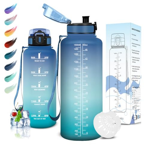 Motswedi Botella Agua, 1500 ml sin BPA, Botella de Agua, Reutilizable, Cantimplora, con Marcador de Tiempo, Botella Agua Gimnasio, Botella para Niños, Deporte, Running, Gimnasio, Bicicleta, Azul Verde