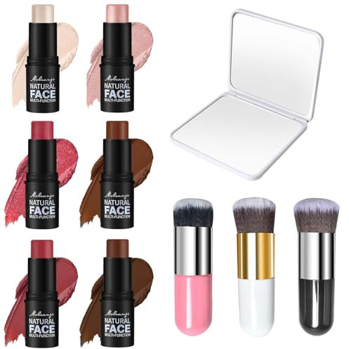 6Pcs Contour Highlighter Blush Sticks mit Pinsel, Taschenspiegel Klein, Creme Konturenstift, Natürlich Gesichts Konturierungs Stift, Bronzer Rouge Stift, für Alle Hauttypen Gesicht Make-up