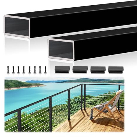 Lot de 2 rampes en aluminium noir de 3 m avec embouts en nylon – Main courante rectangulaire découpable à dessus plat pour terrasse, escalier, système de garde-corps de câble intérieur et extérieur