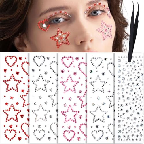 LunarCharm 5 feuilles de pierres pour le visage, strass pour le visage, cœurs étoilés, pierres capillaires autocollantes, autocollants bijoux de festival pour enfants, femmes