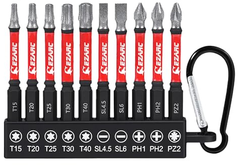 EZARC 10-Piece Diamond Drill Screwdriver Bit Sets, 65mm Impact Driver Bits | Diamond-Coated Tips, Anti-Slip Magnetic Bits, S2 Alloy Steel, for Tight Spaces, T15/20/25/T30/T40, PH1, PH2, PZ2, SL4.5, SL6