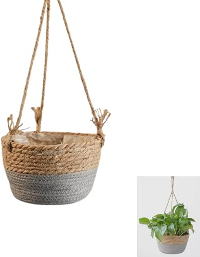 Wenrou Handgewebter Pflanzen Pflanzkübel Hängetopf Korb, Natürlicher Pflanzkorb Hängeampel Pflanzenampel, Boho Blumenampel, mit Kunststoffbeschichtung, Baumwollseil, für Wohnkultur Drinnen Draußen