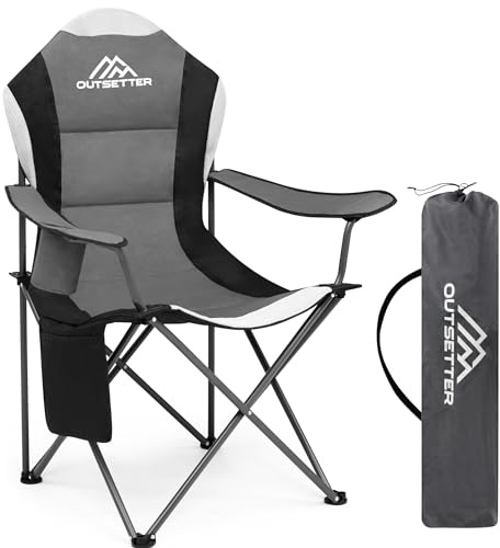 Outsetter Folding Camping Chair High Back, Large Padded Chair with Cup Holder and Side Pockets,Seat with Breathable Mesh, Portable & Comfortable,Holds up to 120kg for Outdoors, Fishing(Dark Grey)