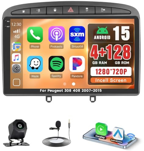 Roinvou 4G+128G Android 15 Schermo Autoradio per Peugeot 308 408 2007-2015 CarPlay Android Auto, 9 Pollici Incell Touchscreen Stereo Auto GPS Bluetooth EQ WIFI RDS FM SWC Telecamera