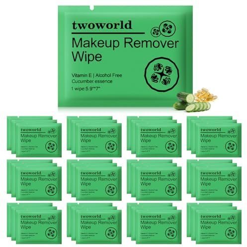 50 Makeup Remover Wipes Bulk Individually Wrapped Travel Makeup Wipes | Makeup Wipes with Vitamin E,Hypoallergenic,Alcohol-Free,Gentle for Face Cleansing Mascara Lipstick Travel Hotel（Cucumber)