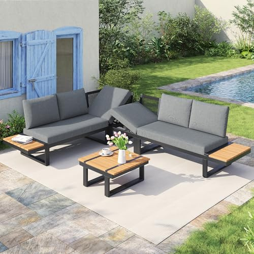 Ojjxh 5 Piece Garden Furniture Set, Outdoor Patio Furniture Set with Storage Shelf, 5-6 Seater Balconies Conversation Set with Adjustable Seating and Table, Includes Seat and Back Cushions (Grey)