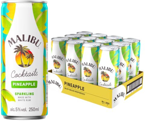 Malibu Sparkling Rum Cocktail - Coconut & Pineapple Flavour Pre-Mixed Cans - Refreshing Ready to Drink - Case of 12 x 250ml