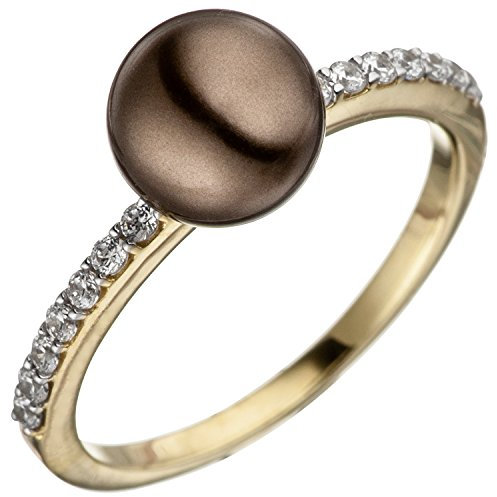 Jobo Damen Ring 333 Gold Gelbgold bicolor mit dunkler Perle und Zirkonia Perlenring Größe 60