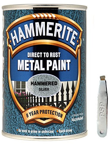 Hammerite Direct to Rust Metal Paint Hammered Finish Silver 5L with PSP Paint tin Opener