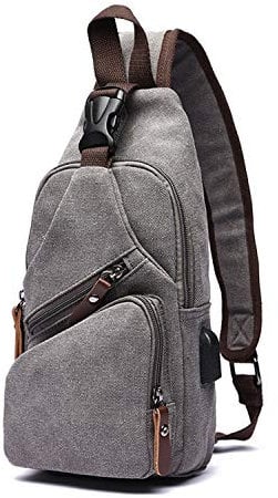 FANDARE Brusttasche Herren Schultertasche Sling Bag Rucksack mit USB Segeltuch Tasche Umhängetasche Sporttasche für Wandern,Abenteuer,Sport, Reisen und Joggen Grau