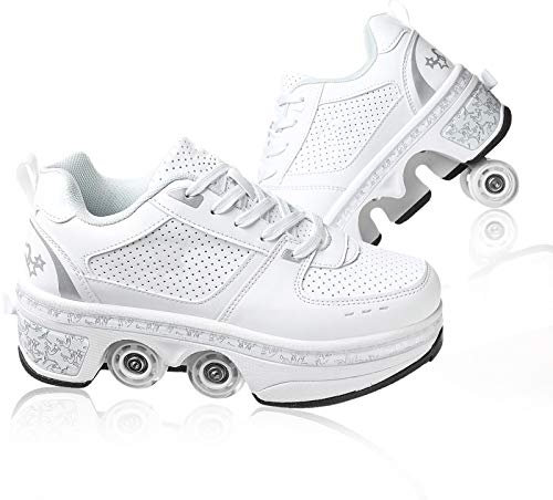 Pinkskattings@ Damen Und Mädchen Rollschuhe Skateboard Schuhe Kinderschuhe Mit Rollen Skate Shoes Rollen Schuhe Sportschuhe Laufschuhe Sneakers Mit Rollen Kinder (Weiß