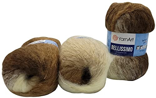 YarnArt 3 x 150 Gramm Bellissimo Strickwolle mit Mohair 450 Gramm Wolle mit Farbverlauf (braun beige creme 150g) 1402