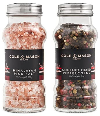 Cole & Mason HFSP164 Premium Luxury Salt and Pepper Refill Jars, Himalayan Pink Salt (200g), Gourmet Mixed Peppercorns (90g), Glass, 140 mm, Gift Set, Includes 2 x Salt and Pepper Seasoning Jars