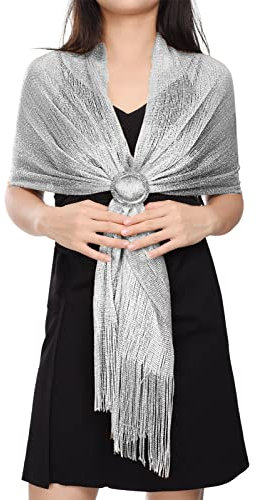 heekpek Stola Damen Festlich Umhang Schal Damen Elegant Lang Schal Weiches Umschlagtuch Glitzer mit Quasten für Brautkleider Abendkleider, Silber