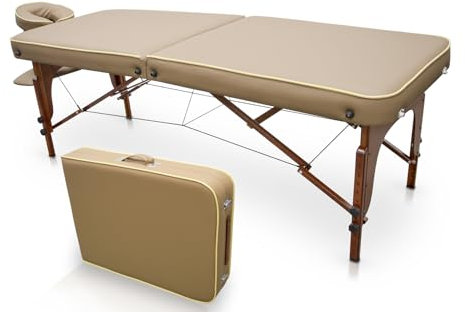 QUIRUMED Massageliege für SPA, tragbar, Holz, Sandfarbe, lackiertes Holz, Kunstleder, hochdichte Polsterung, höhenverstellbar, klappbar, abnehmbarer Kopf, bis zu 210 kg