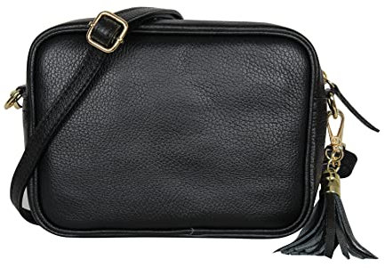 AMBRA Moda GLX8 - Damen Handtasche Umhängetasche Schultertasche Handytasche aus genarbtem Rindsleder (Schwarz)