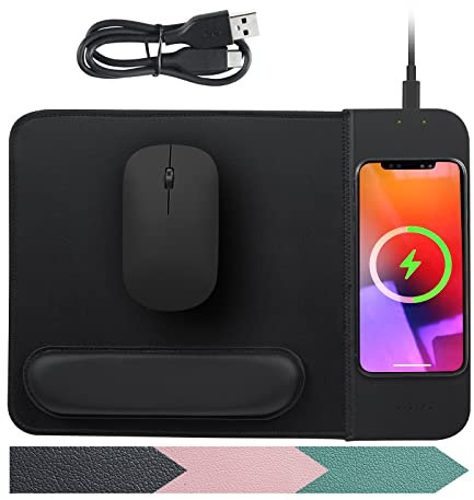 VIVIYA 15W Wireless Charging Mouse Pad with Detachable Wrist Support, Fast QI Phone Charger Mouse Mat for iPhone 14/13/12/11/X/8 and Samsung Multiple Mobile Devices (Black)