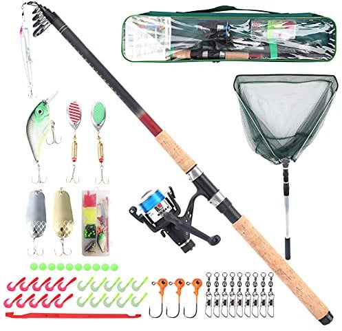 Q-Tac - Angelset Hecht/Zander mit Kescher [Angelfertig montiert & Angelrolle bespult], Angel Set komplett Profi & Einsteiger, Starter-Set für Raubfisch Angeln, Teleskoprute 2,70 m