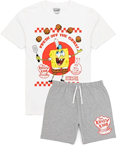 SPONGEBOB SQUAREPANTS Mens Pyjama Set | White & Grey Short Sleeve T-Shirt with Shorts PJs For Adults | Krusty Krab Fresh off the Grill Loungewear | 90s Nostalgic TV Show Nightwear Merchandise Gift