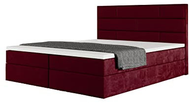 Boxspringbett Manisa 140x200 mit Bettkasten, freie Farbwahl, 5-Gang Bonellfederkern Matratze, Topper (rot Samt)