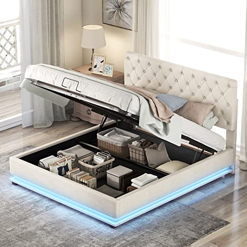 FEZTOY Doppelbett, Polsterbett mit Stauraum, Stauraumbett mit Hydraulisch, Bettkasten & Lattenrost-Bezug, Verstellbares Kopfteil, Beige, 140x200cm (Beige-LED Bett)
