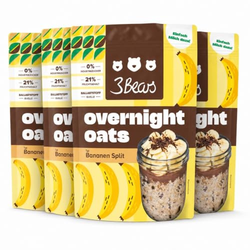 3Bears Overnight Oats Bananen-Split 4x400g - Proteinquelle mit Vollkorn-Hafer, Bananen & Kakao - veganes Frühstück ohne Industriezucker - schnelles Meal Prep, bekannt aus dem TV