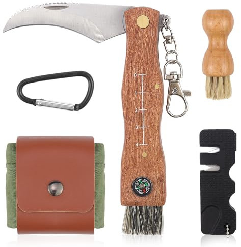 Erzekrim Couteau à Champignons avec Brosse Acier Inoxydable Pliable Couteau Champignon avec Sac de Cueillette de Champignons Couteau Pliant pour L'extérieur et Le Camping