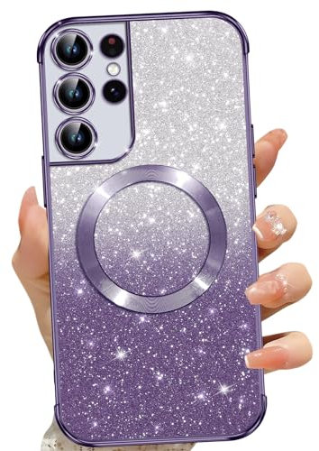 Phoona für Samsung Galaxy S21 Ultra 5G Hülle, Glitzer Hülle Kompatibel mit MagSafe, Keine Vergilbung, Kratzfeste, Ganzkörperschutz Magnetisch Handyhülle für Samsung S21 Ultra, Lila