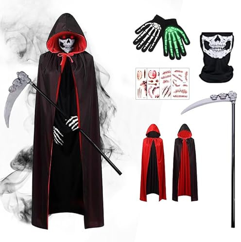 Sensenmann Kostüm, Vampir Umhang Schwarz Rot mit Kapuze, Grim Reaper Costume, Totenkopf Maske Set mit Sensemann Umhang, Halloween Sense und Handschuhe, Halloween Costume Set für Kinder Herren Damen