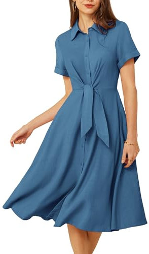 GRACE KARIN Damen Lässig Leicht Blusenkleid mit Bindegürtel Kurzarm Knopfleiste Freizeitkleid Sommer Midikleid Blau M