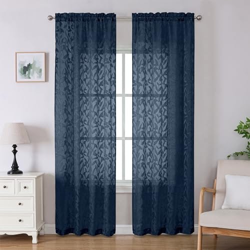 Lecloud Leia Jacquard Textured Navy Blue Sheer Curtains 96 Inches Long 2 Panels, French Door/Living Room/Bedroom Curtain with Dual Rod Pockets, Light Filtering Clip Leaf Voile Drapes, 38x96 Inches