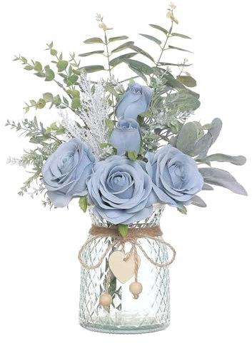 Fake Flowers with Vase, Artificial Silk Roses Flowers in Vase, Artificial Flowers Arrangement with Glass Vase Faux Rose for Decoration Table Centerpiece, Living Room Bathroom Plant Decor(Baby Blue)