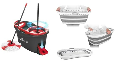 Vileda Turbo Microfibre Mop And Bucket Set, Spin Mop For Cleaning Floors, Set Of 1 Mop And 1 Bucket & Beldray LA072979GRYEU Hip Hugger Laundry Basket - Curved & Shaped To Fit The Body, Collapsible