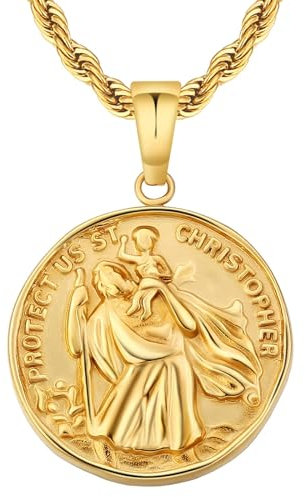 KRKC&CO 2.5mm St Christopher Necklace for Men Women, 22 Pendant Protector Talisman, Coin Medallion, 18K Gold Plated Protection, Saint Christopher Necklace Gold