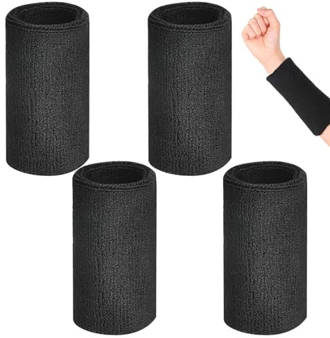 4 Piezas Bandas para el Sudor, Muñequera Deportivas Larga, Accesorios de Entrenamiento, 15 x 8 cm, Muñequeras Hombres Mujeres, para Gimnasio, Baloncesto, Béisbol, Deportes, Negras