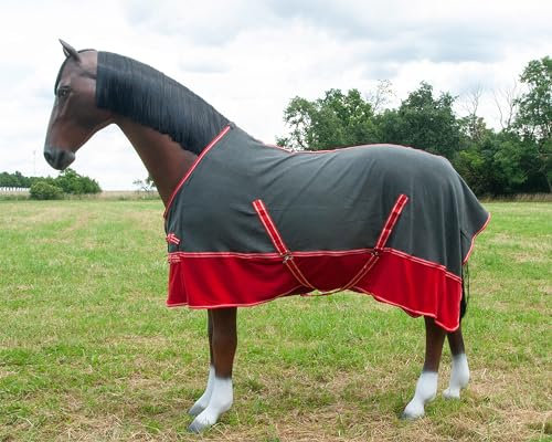 Brama-West Abschwitzdecke Pferd MAX | Pferdedecke mit Kreutzgurt | Fleecedecke für große Pferde | Atmungsaktiv - Rot/Grau, Gr. 165