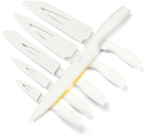 Homikit Küchenmesser Set 6-teilig, Edelstahl Messerset mit Schutzhülle, Scharfes Messer inkl. Kochmesser Fleischmesser Brotmesser Allzweckmesser Schälmesser Santokumesser, Antihaftbeschichtet, Weiß