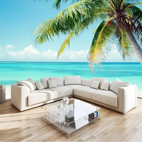 Vlies Fototapete Naturlandschaft Strand Meerwasser Palmen - Foto Tapete Schlafzimmer Wohnzimmer Moderne Vliestapete 200 x 140 cm Wandtapete Motivtapeten Bildtapete 3D Effekt Wand Dekoration