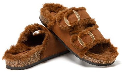 JOMIX Damen Hausschuhe Winter Plüsch Pantoffeln Lammfell Gefüttert Fußbett rutschfeste Clogs Slippers Warme Bequeme Schuhe für Damen (Braun, 37 EU, MD1071)