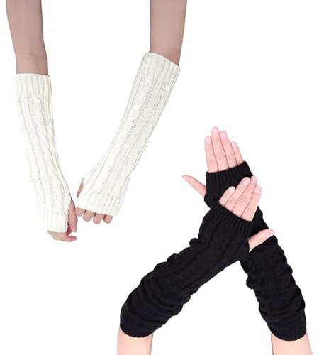 TZMFHD Arm Warmers, 2 Pairs Fingerless Gloves For Women, Knitted Hand Warmers Gloves, Soft Fingerless Gloves With Thumb Holes, Arm Warmers For Home Outdoor Keep Warm (Black, White)