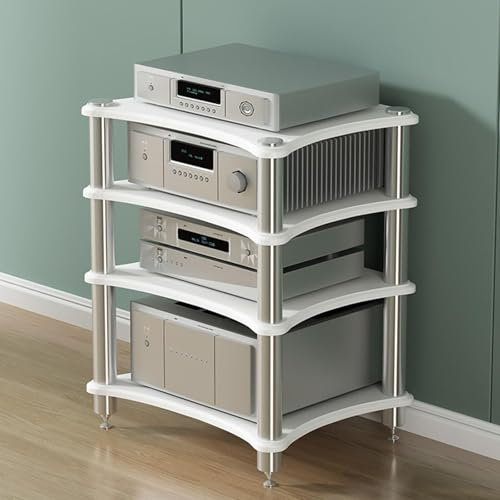 Audio Rack HiFi Regal Audio-Rack, Edelstahl-Medienständer – 4-lagiger Stereo-Komponentenschrank for DVD-Player, Spielekonsole, TV-Box, WLAN-Router, Verstärkerständer(White,H-85cm/33.4in)