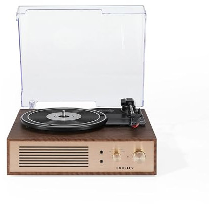 Crosley Miles - Tocadiscos de Vinilo con Altavoces, Tocadiscos Bluetooth de 3 velocidades, Altavoces estéreo Integrados, Salida Auxiliar, Elegante diseño de Madera y Oro, Reproduce Discos de 33/45/78
