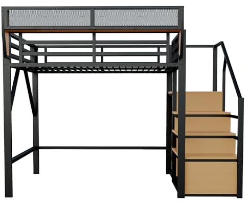 Moimhear Cama alta con escalera de seguridad y compartimento de almacenamiento flexible, cama de metal para adultos, cama para niños, litera (negro, 140 x 200 cm)