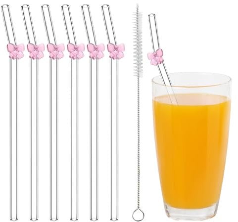Glass Straws Drinking, 6 PCS Pink Glass Straws with Charms, Reusable Straw for Smoothie Milkshake Coffee Cocktail, Includes Cleaning Brush, 8 * 200MM