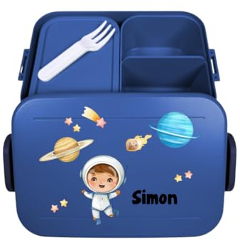 Mepal Lunchbox Take a Break personalisiert Junge, Brotdose mit Trenneinsatz, Lunch Box mit Name, Bento Box Trennsteg bunter Aufdruck Astronaut Midi Dunkelblau