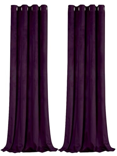 Happy Homewares Plum Purple Blackout Curtains - 46 x 63 Inch Drop - Contemporary Eyelet Curtains with Soft Velvet Texture - 2 Panels for Bedroom or Living Room