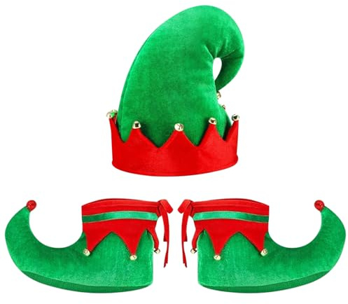 WEINIBAO Elfenmütze, Elfenschuhe, Erwachsene Weihnachtself Kostüm Zubehör mit Elfen Mütze, Weihnachtself Schuhe, Elfenhut Elfen Schuhe für Herren Damen Weihnachten Karneval Cosplay Kostüm Accessoire