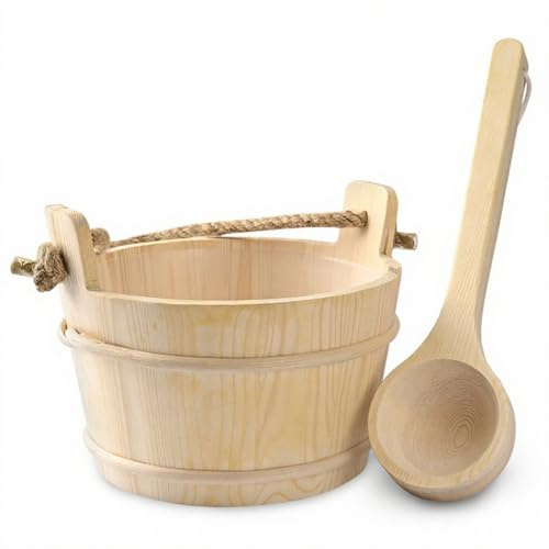 Saunaeimer und Schöpfkelle Set, 4 l, Badeeimer mit großem Fassungsvermögen und natürlichem Seilgriff, Saunazubehör für Männer Frauen, Saunaeimer, Holzeimer, Badeeimer, Sauna
