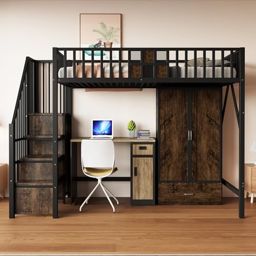 Kebnor Metall-Hochbett 90 × 200 cm Mit Markantem Geländerdesign Aus Holz und Metallgitter, Komplett Mit Großem Kleiderschrank, Schubladen und Aufbewahrungsleiter, Schwarz